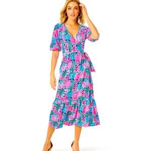 Lilly Pulitzer Brantley Midi Wrap Dress Oyster Bay Navy Always Be Blooming Sz XL